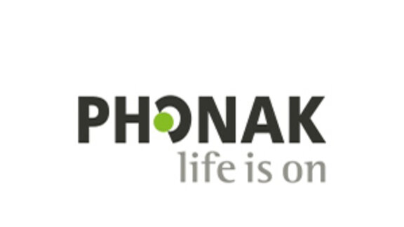 Logo der Firma Phonak als Schriftzug mit dem Text "Life is on" darunter - verlinkt zur Homepage von Phonak