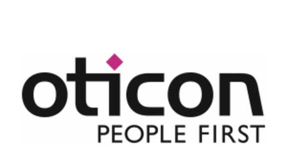 Logo der Firma Oticon als Schriftzug mit dem Text "People First" darunter - verlinkt zur Homepage von Oticon