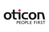 Logo der Firma Oticon als Schriftzug mit dem Text "People First" darunter